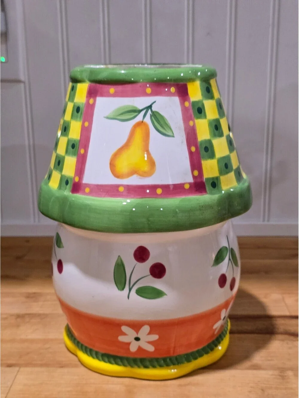 Vtg Ceramic Candle Holder Light Lamp Shade Colorful Fruit and Checkered Design